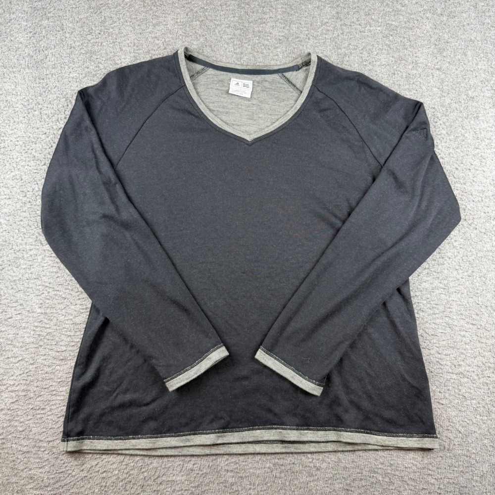 Adidas V-Neck Long Sleeve Top Men's Large Black Grey Raglan Pullover Shirt